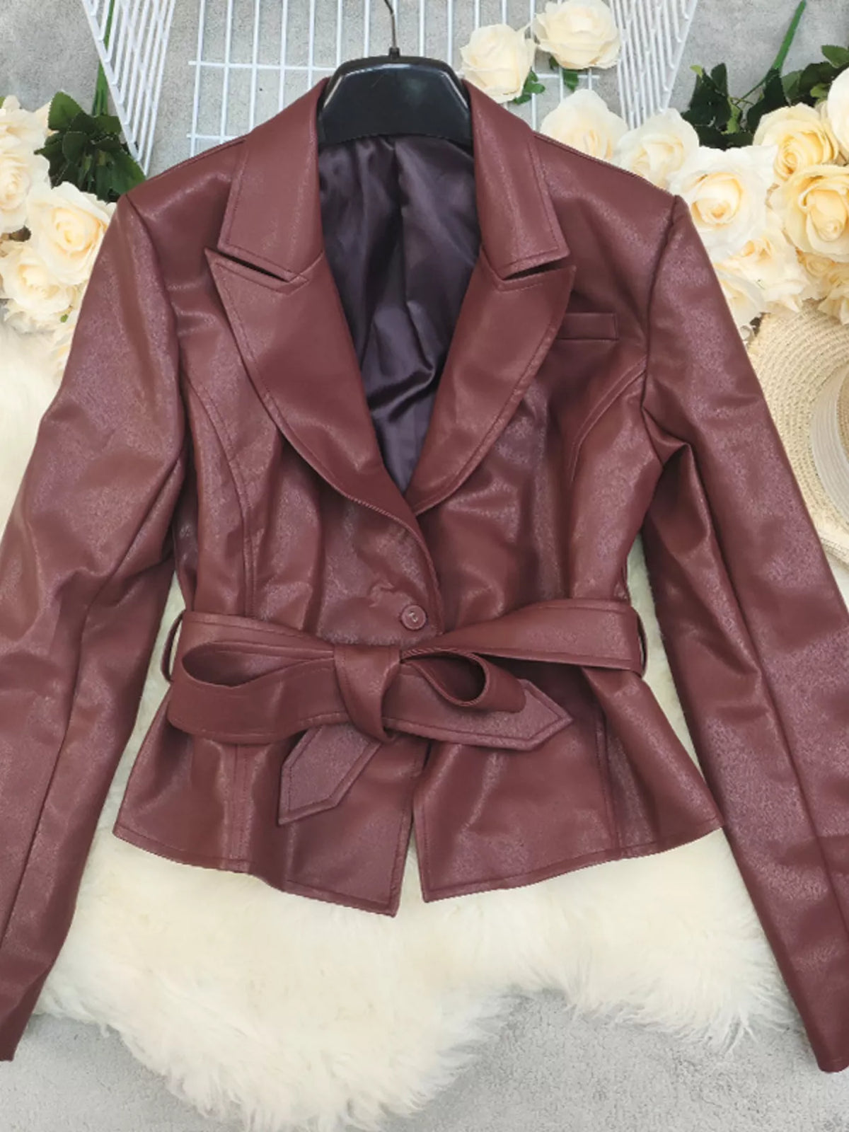 Belted Faux Leather Blazer