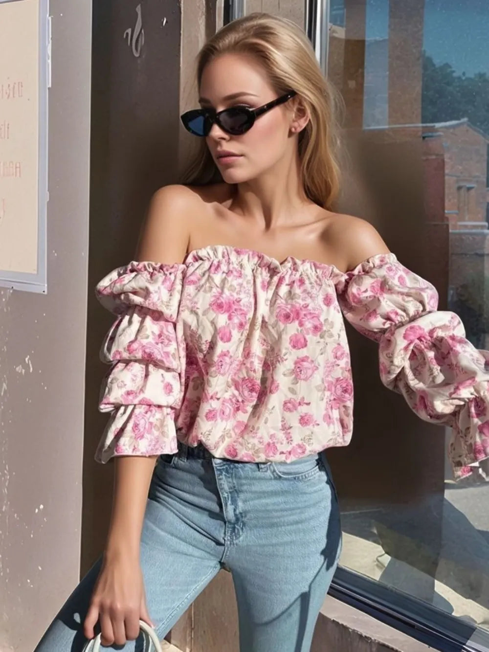 Printed Off-Shoulder Flounce Sleeve Blouse