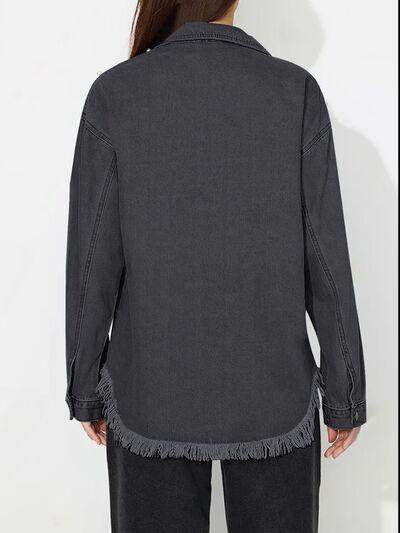 Raw Hem Pearl Trim Collared Neck Denim Top for Women