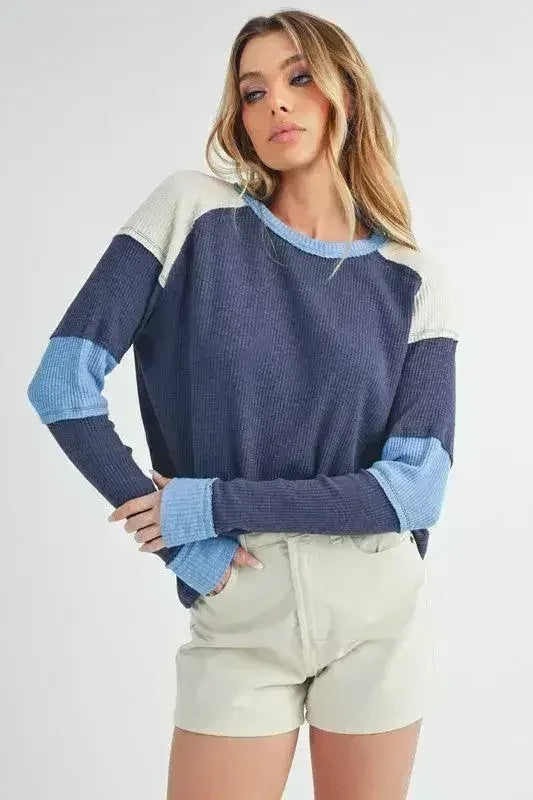 Aemi + Co Raw Seam Color Block Round Neck Knit Top