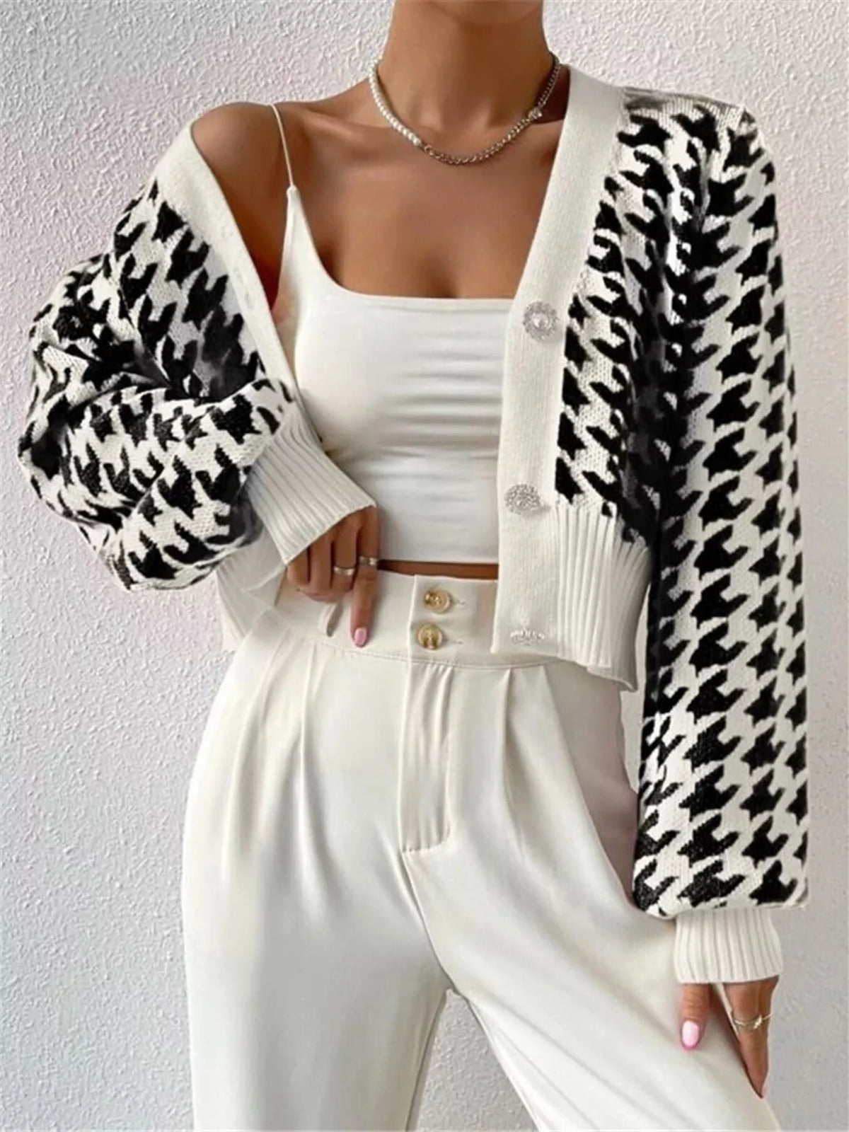 Houndstooth V-Neck Button Up Cardigan