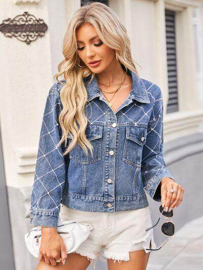 Pearl Trim Long Sleeve Denim Jacket For Women Stylish Fit