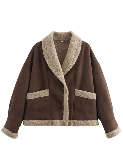 Fuzzy Collared Neck Long Sleeve Jacket with Buttoned Closure and Cozy Pockets