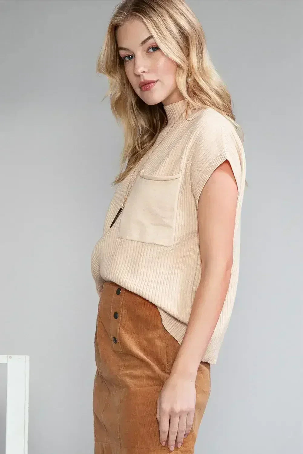 Mineral Red Patch Pocket Ribbed Knit Short Sleeve Sweater