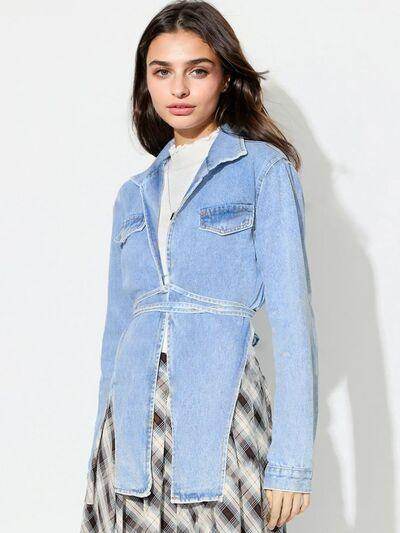 Asymmetric Slit Collared Neck Long Denim Top for Women