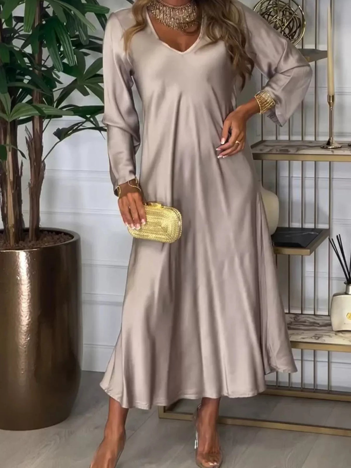 Full Size V-Neck Long Sleeve Midi Dress Plus Size