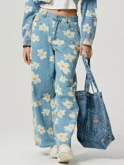 Pocketed Floral Wide Leg Jeans for Stylish Comfort