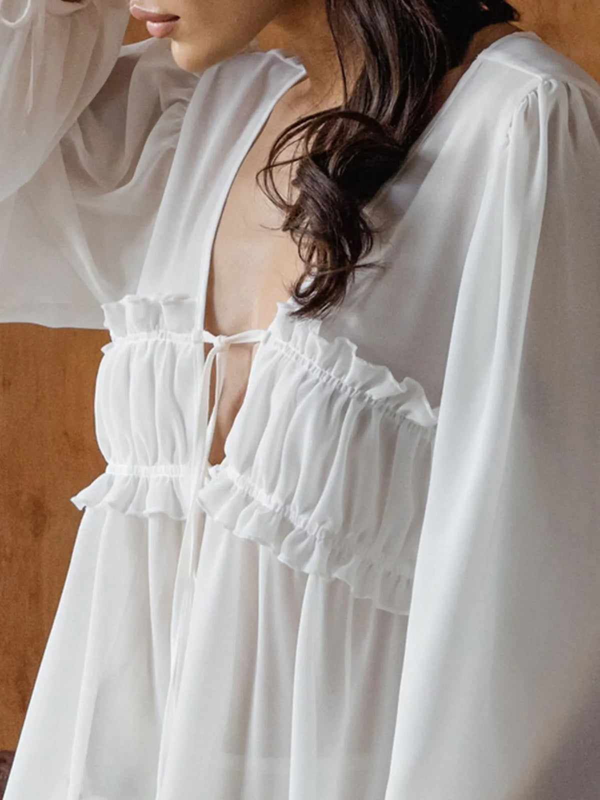 Ruffled Tie Front Long Sleeve Blouse