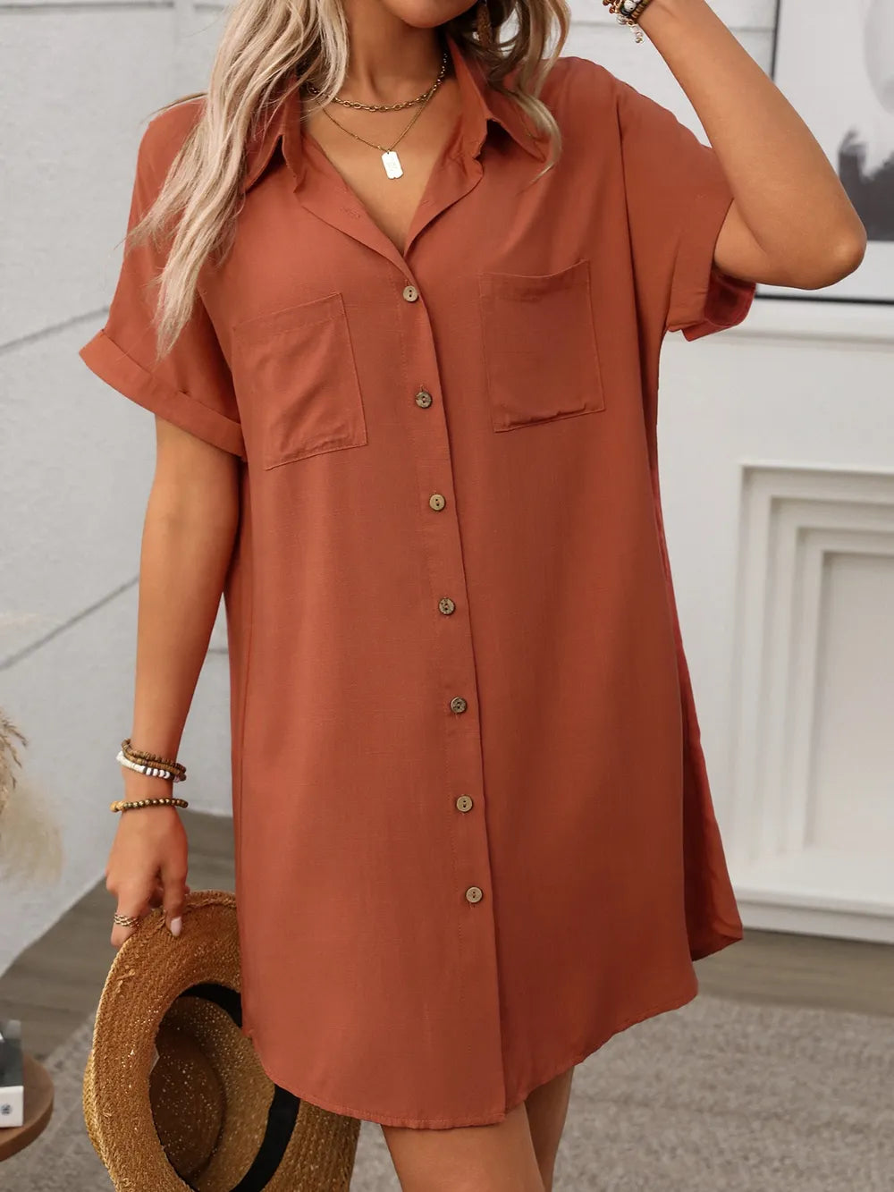Button Down Short Sleeve Mini Dress
