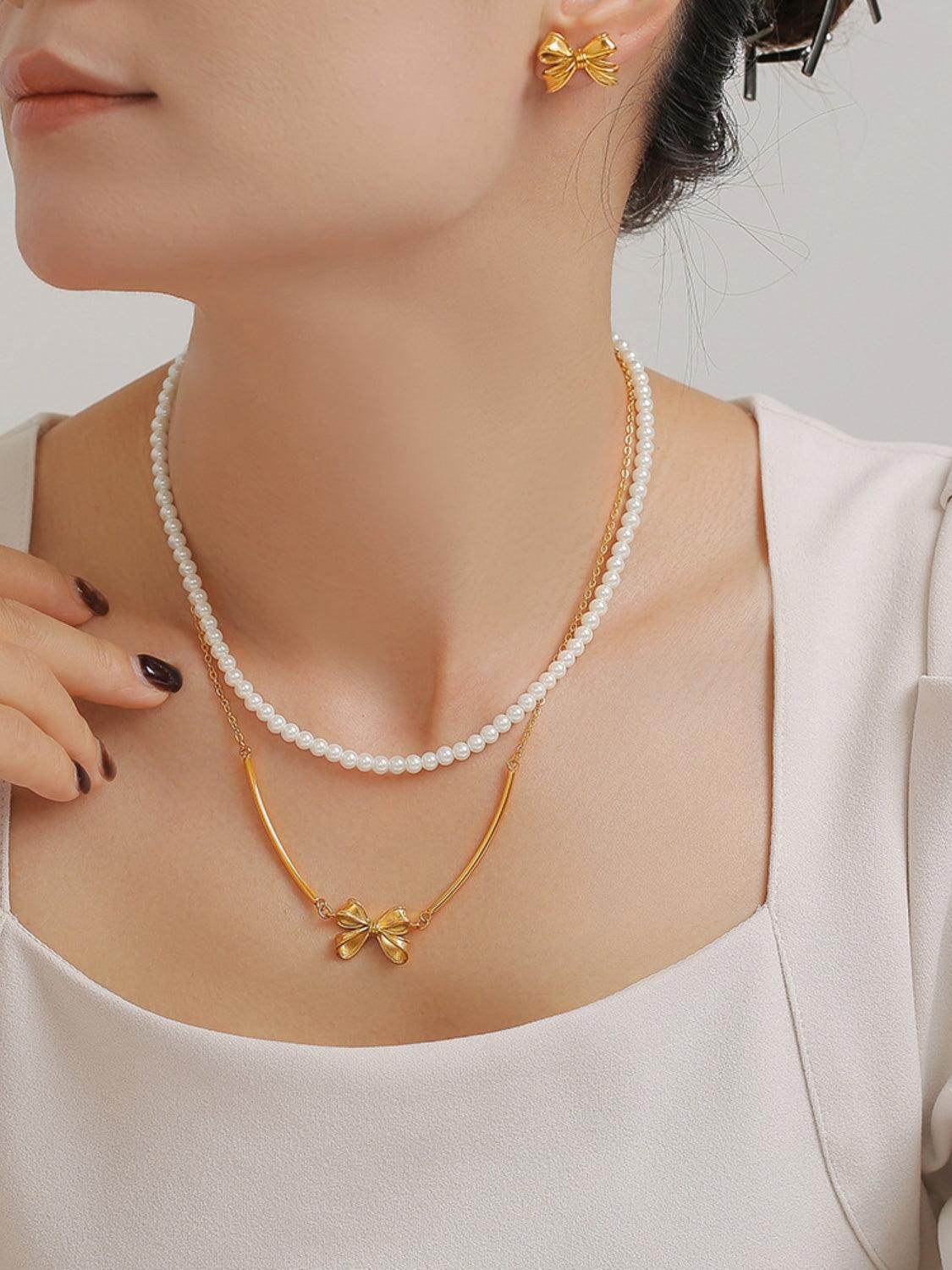 3 Piece Pearl Necklace Bow Necklace and Stud Earrings Set