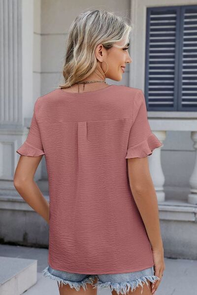 Ruffled V-Neck Short Sleeve Blouse