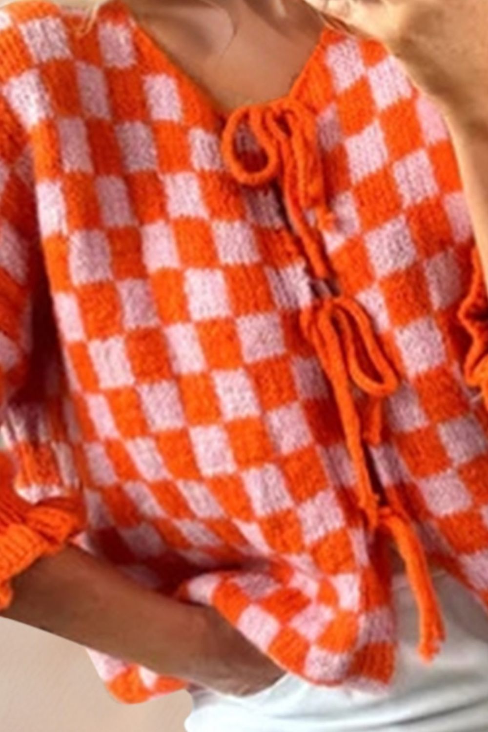 Back To School Sweater - Double Take Tied Checkered Dropped Shoulder Flounce Sleeve Cardigan