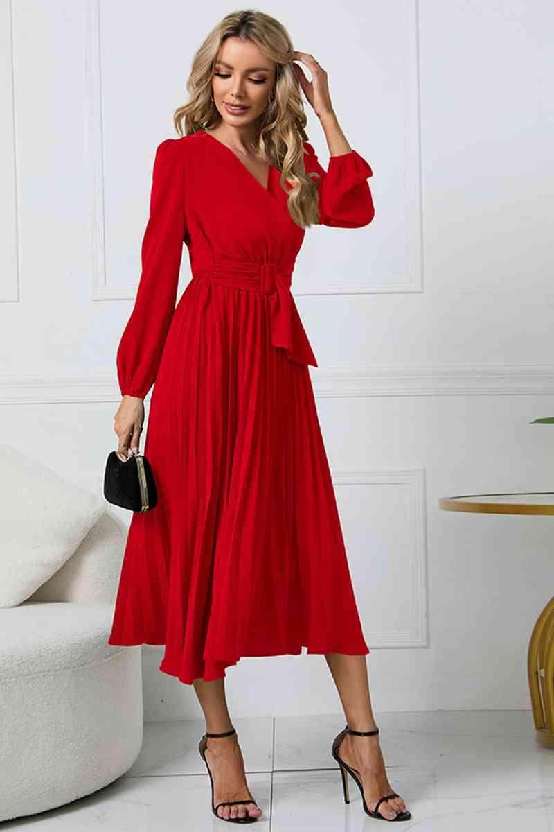 V-Neck Long Sleeve Tie Waist Midi Dress for Women