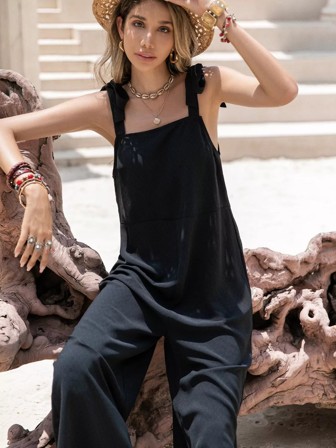 Sleeveless Wide Leg Jumpsuit with Tie Shoulder