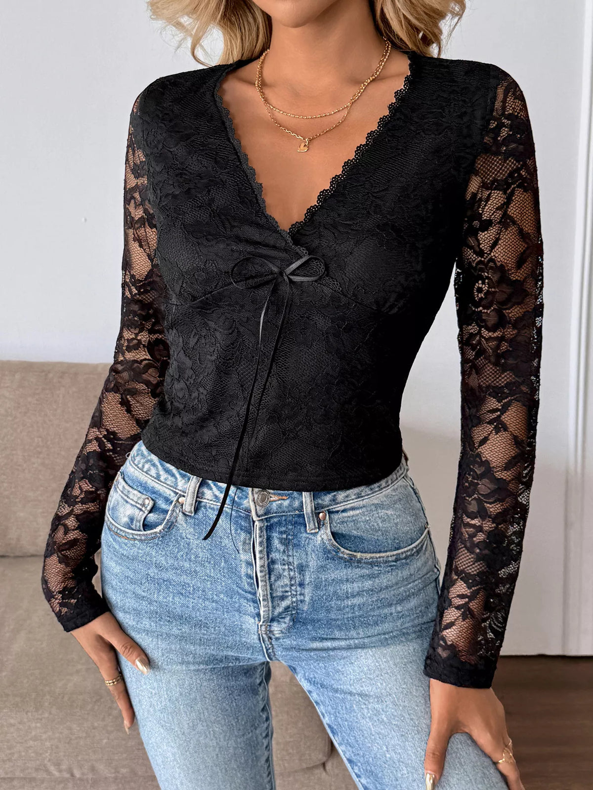Lace V-Neck Long Sleeve Top
