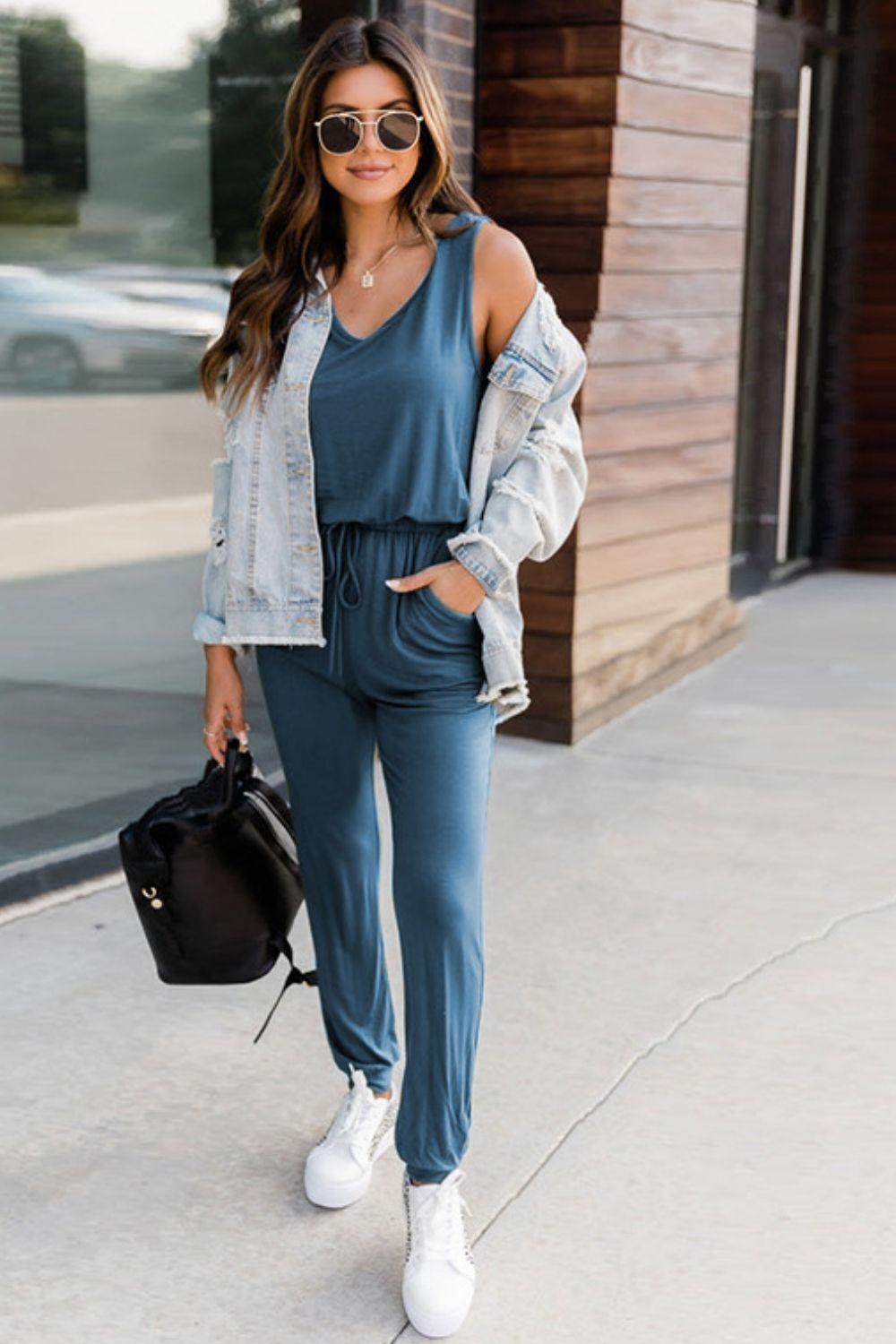 Drawstring Round Neck Sleeveless Jumpsuit for Women
