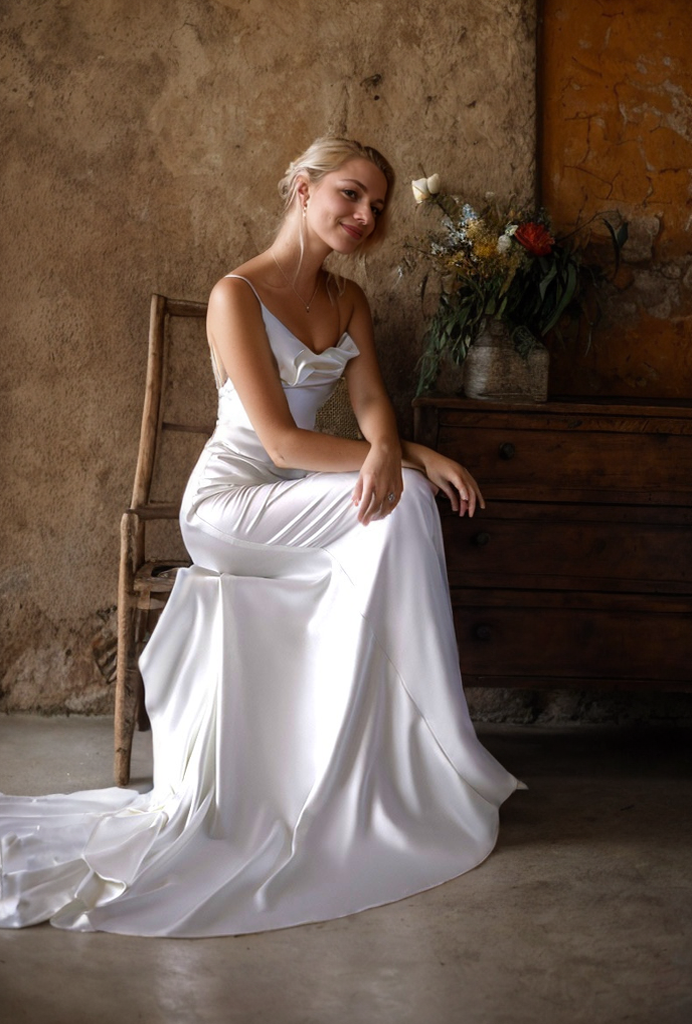 Romantic Draped Cowl Neck Satin Wedding Dress with Low Back and Train