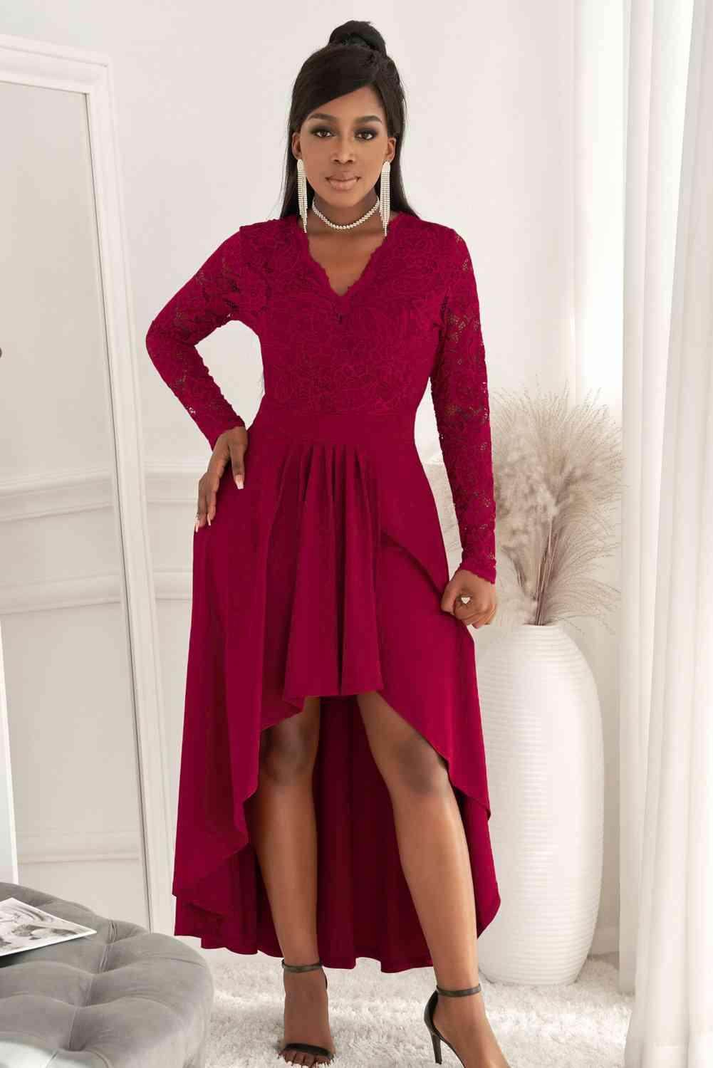 Lace High-Low V-Neck Dress for Elegant Evening Wear