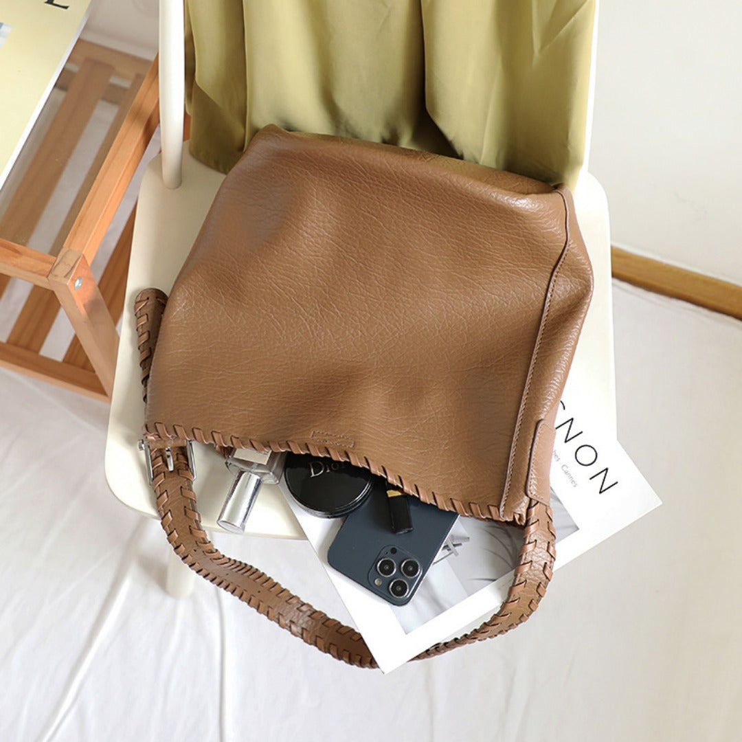 Elegant Woven Shoulder Strap Bucket Bag for Female - Versatile Texture Soft PU Retro Casual Tote