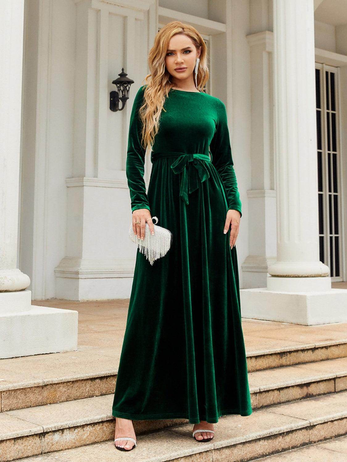 Tie Front Round Neck Long Sleeve Maxi Dress for Women