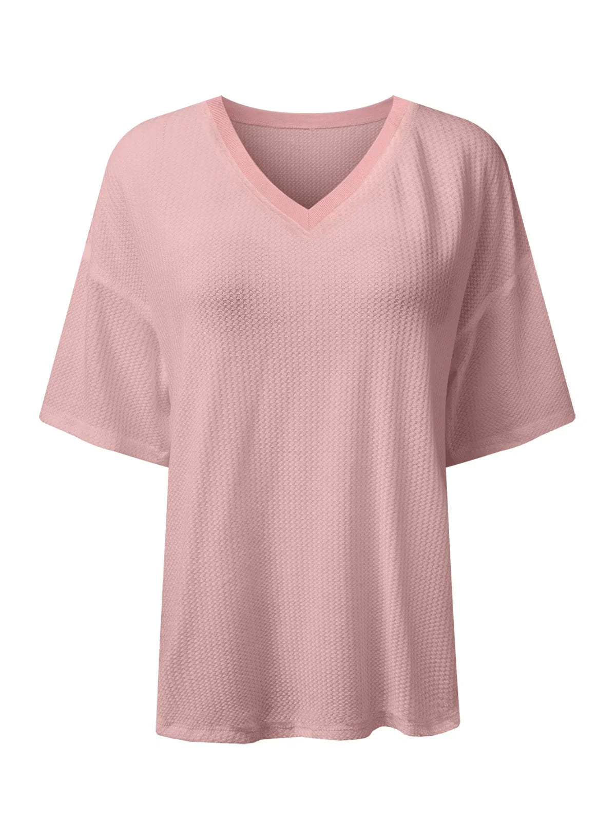 White Waffle Texture V Neck Drop Shoulder Loose Tee