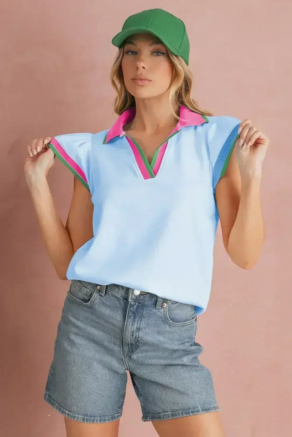 Beau Blue Color Collared V Neck Ruffle Sleeve Blouse | Femstylo