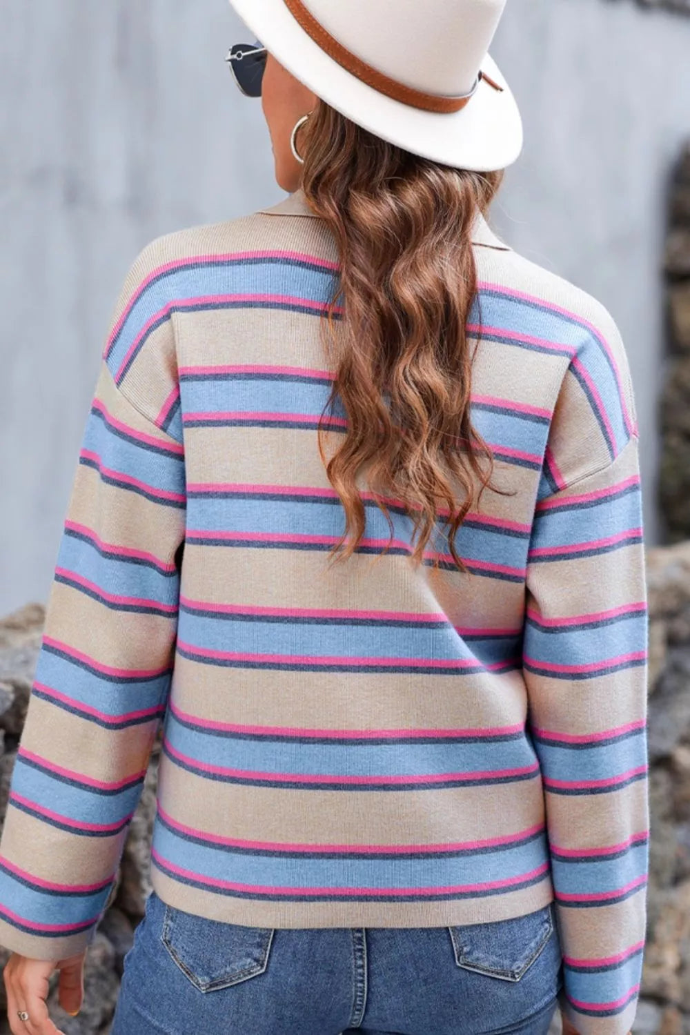 Striped Color Block Johnny Collar Sweater