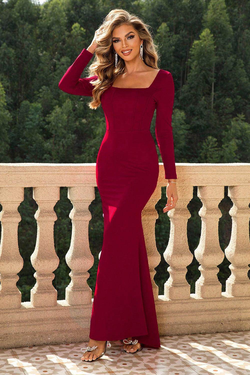 Stylish Square Neck Long Sleeve Dress for Women