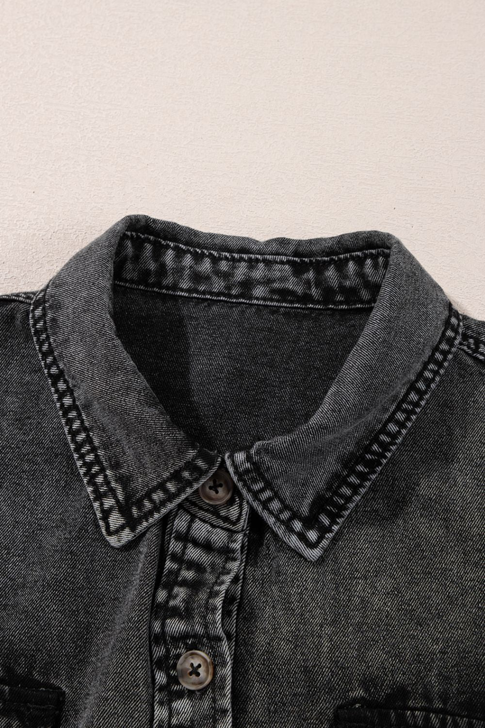 Short Sleeve Flap Pocket Button Up Raw Hem Denim Shirt