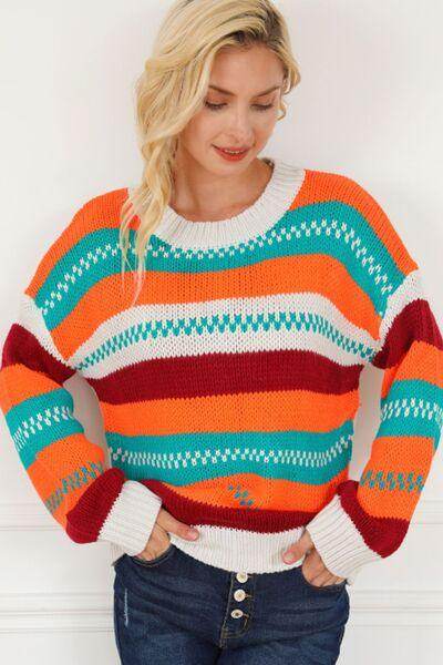 Contrast Striped Round Neck Long Sleeve Sweater for Women