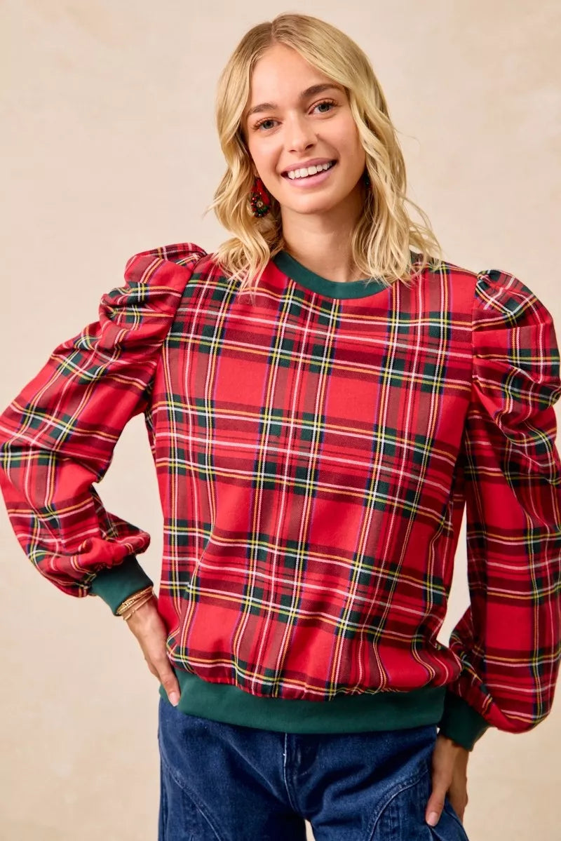 BiBi Christmas Plaid Exaggerated Shoulder Sleeves Top