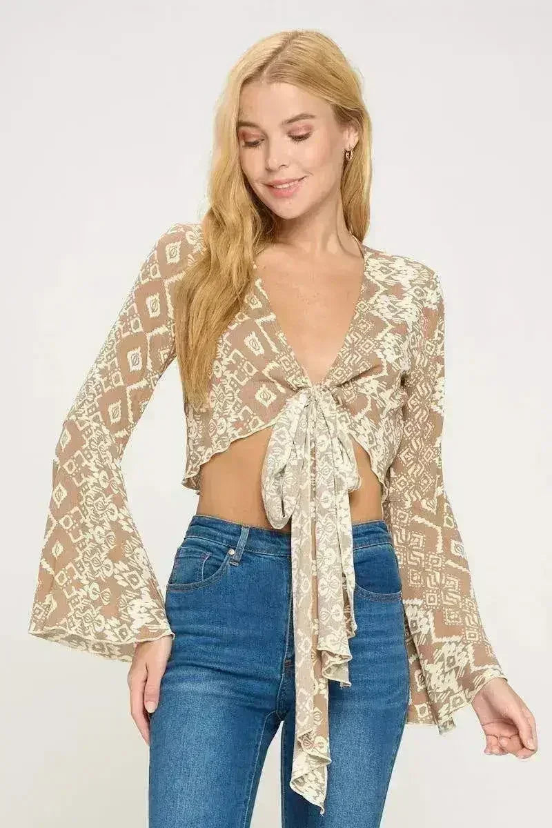 Boho Bell-Sleeve Crop Top | Floral Tie-Front | Sizes S-XL | Femstylo
