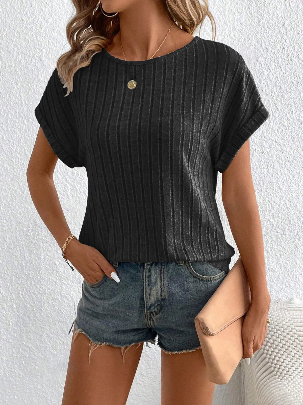 Plus Size Ribbed Texture Short Sleeve T-Shirt
