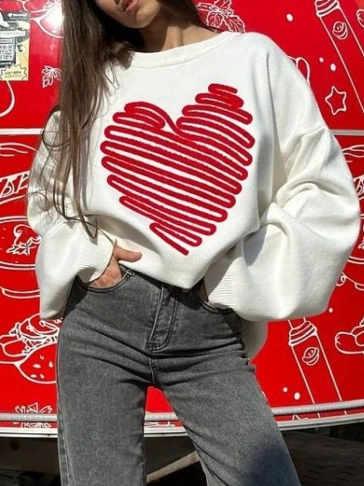 Heart Round Neck Oversized Sweater