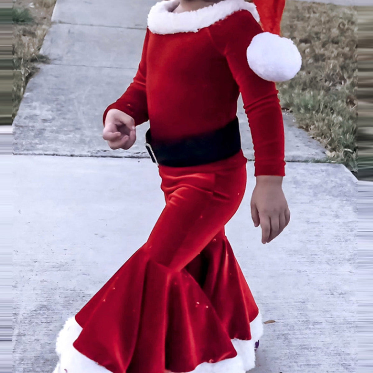 Winter Christmas Long-sleeved Shirt Bell Bottoms Hat Three-piece Children&