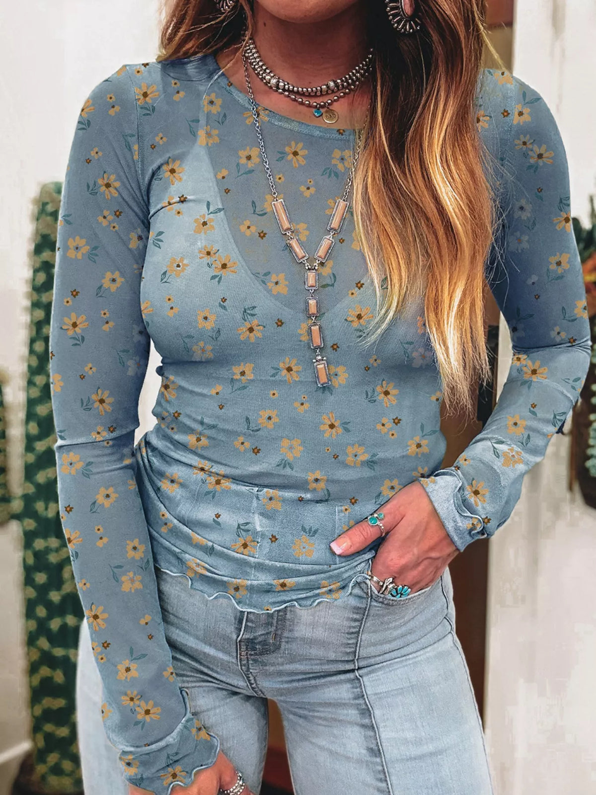 Floral Print Long Sleeve Mesh Blouse