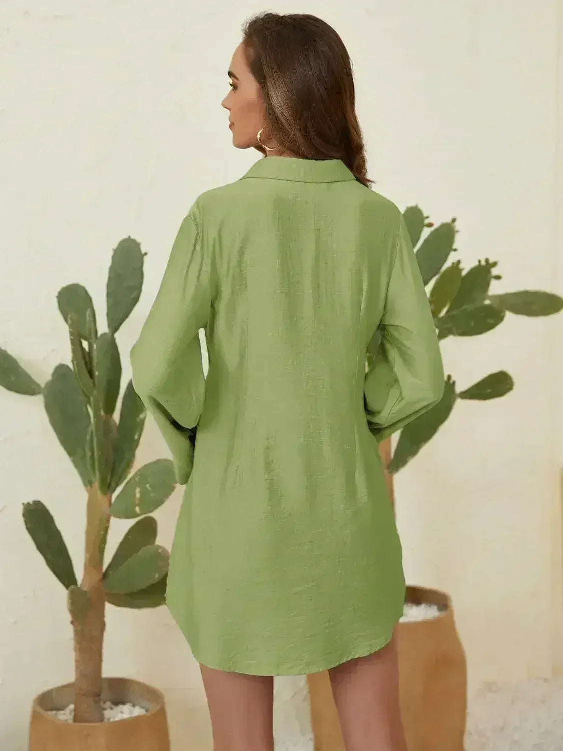 Collared Neck Long Sleeve Mini Shirt Dress
