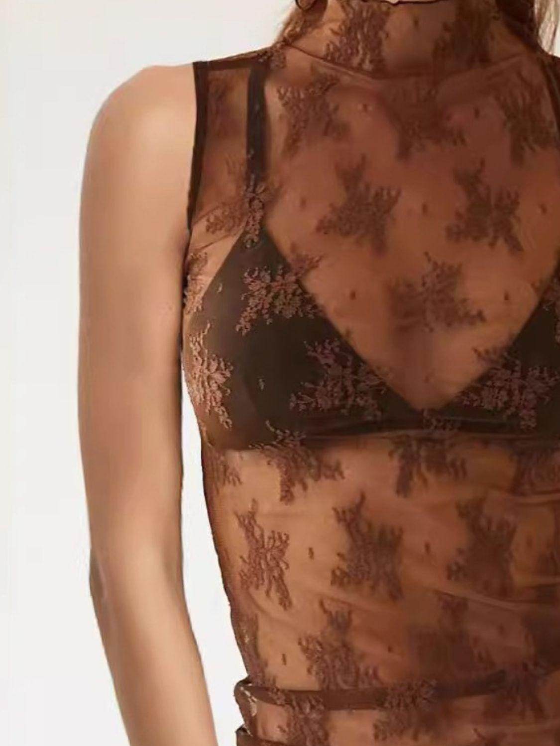 Lace Mock Neck Top for Women in Sheer Polyester Style