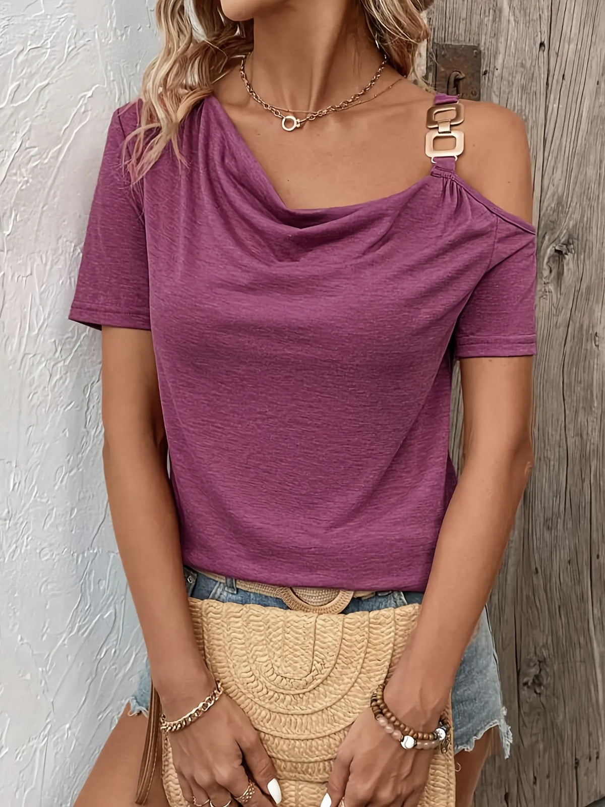 Asymmetric Shoulder T-Shirt with Metal Buckle Detail
