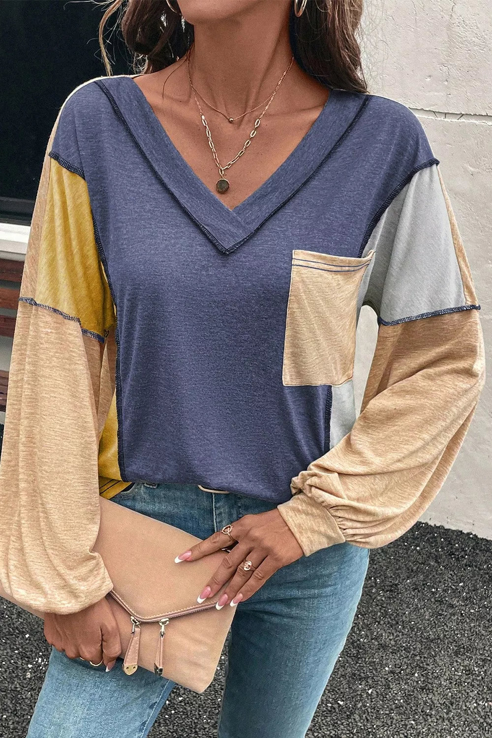 Color Block V-Neck Long Sleeve T-Shirt