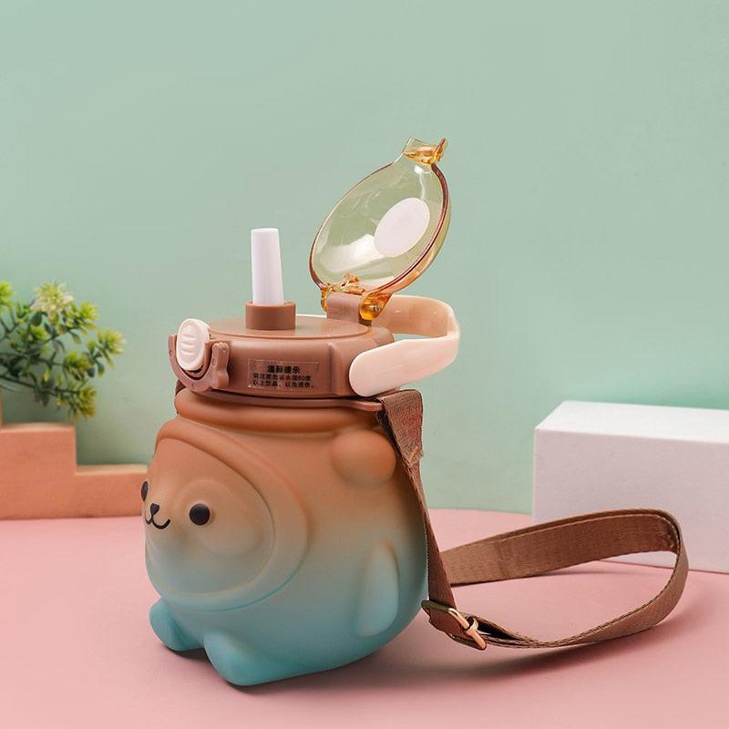 800ML Water Bottle for Kids with Straw Mug Cup Bear Summer Outdoor Sport Plastic Girls School Cute Drinking Cup Bear Water Bottle with Straw and Strap Cute Water Bottles for Kids Drinking Water Bottles Portable Leak Proof