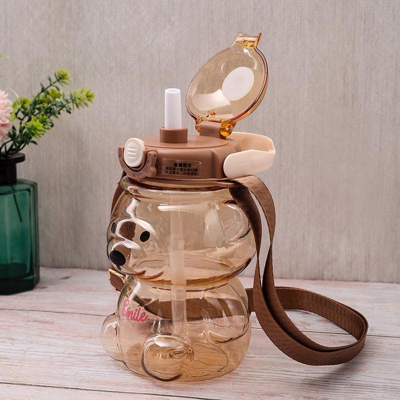 800ML Water Bottle for Kids with Straw Mug Cup Bear Summer Outdoor Sport Plastic Girls School Cute Drinking Cup Bear Water Bottle with Straw and Strap Cute Water Bottles for Kids Drinking Water Bottles Portable Leak Proof