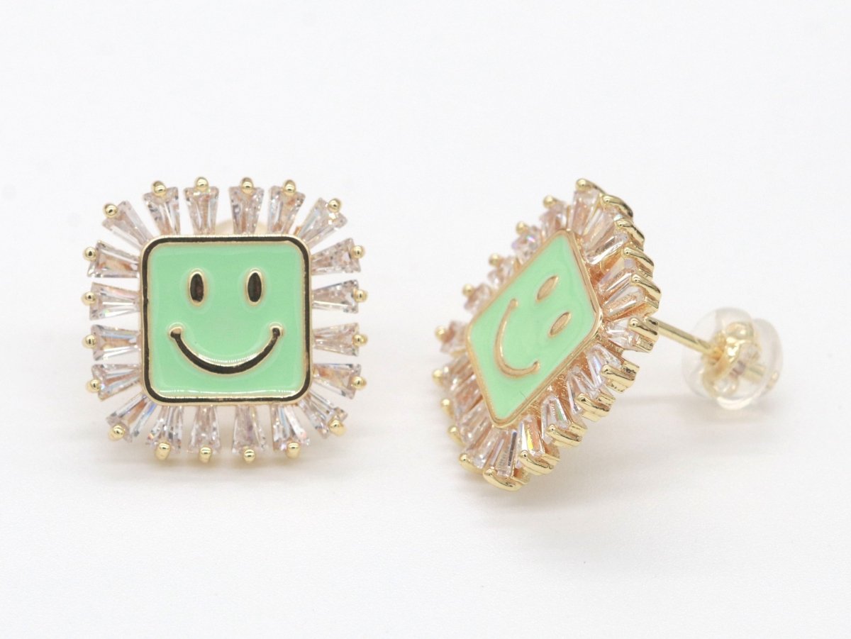 1 pair Dainty Happy face Square stud earrings, gold Enamel smile stud, smiley earrings, kawaii Cute earring emoji earrings korean earring