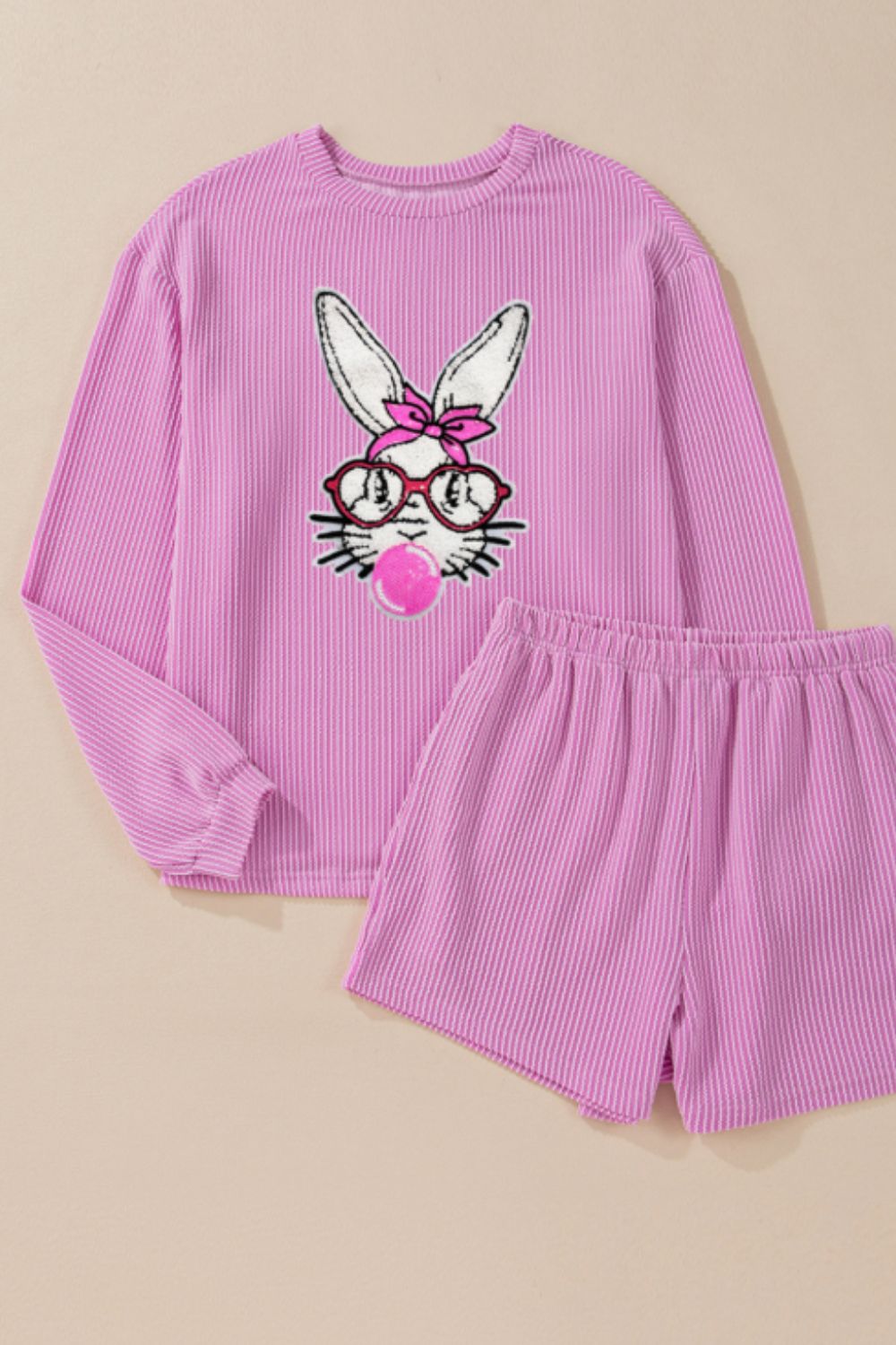 Bubble Gum Rabbit Sequin Corded Rib Top and Shorts Set