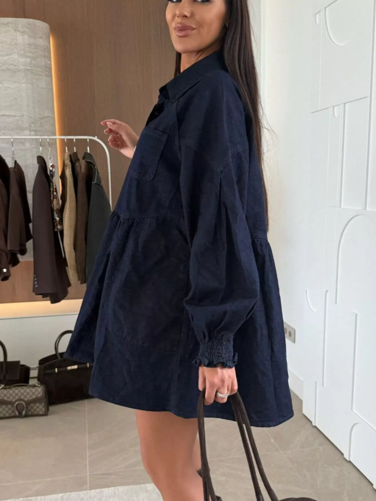 Button Down Mini Denim Dress with Front Pockets
