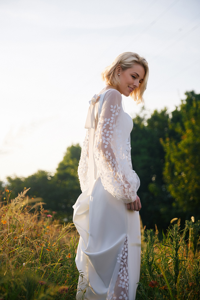 Minimalist Square Neck Wedding Dress with Sheer Embroidered Sleeves – Modern Bridal Elegance