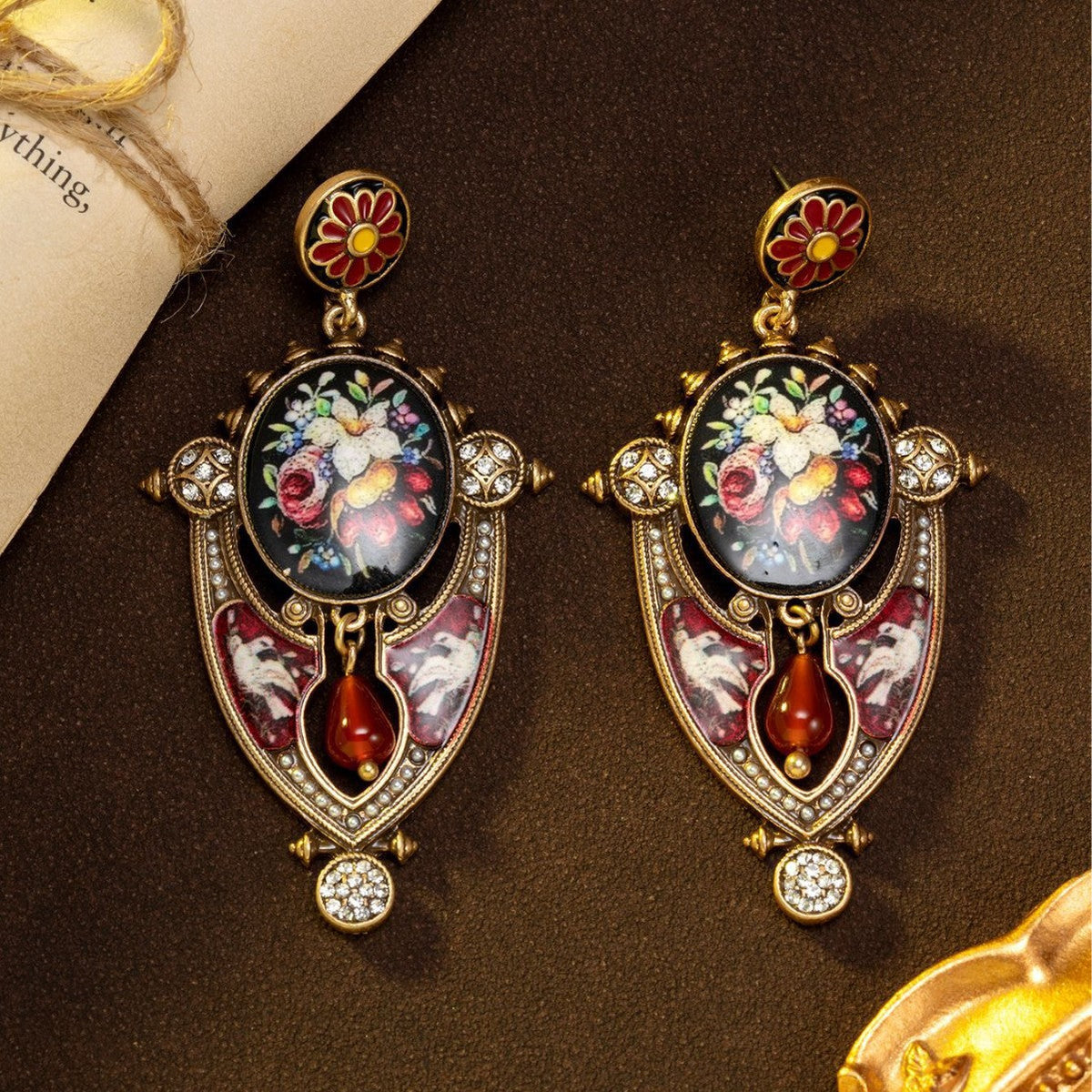 Floral Mural Shield Stud Earrings Regal And Elegant