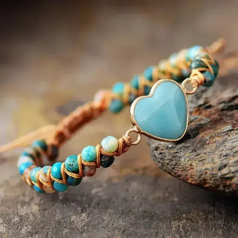 Amazonite Bracelet – Sky Blue Macrame | Adjustable Heart Charm