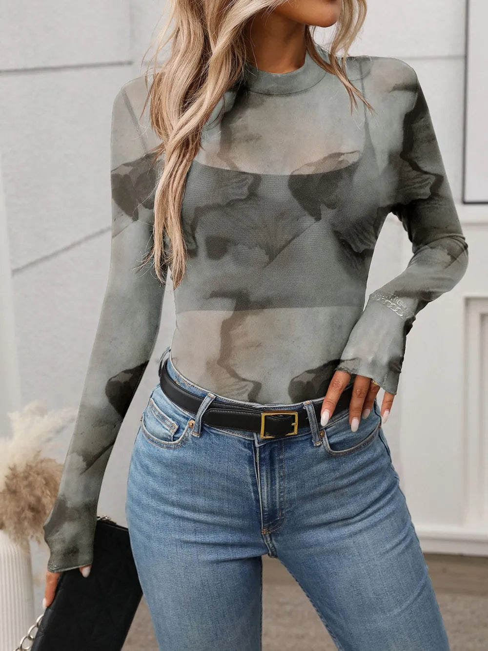 Printed Mock Neck Long Sleeve Mesh T-Shirt