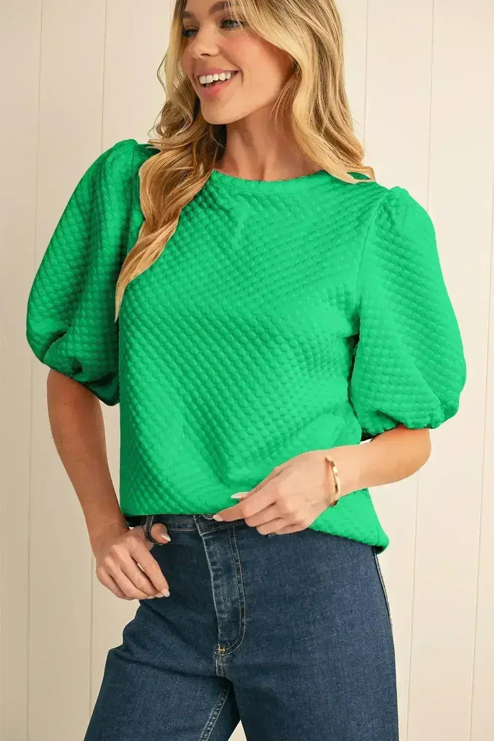 Phalaenopsis Solid Textured O Neck Puff Sleeve Blouse | Femstylo